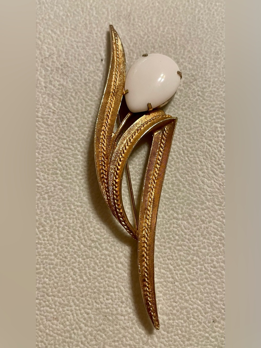 Sarah Coventry Gold-Tone Floral Leaf Brooch with White Cabochon